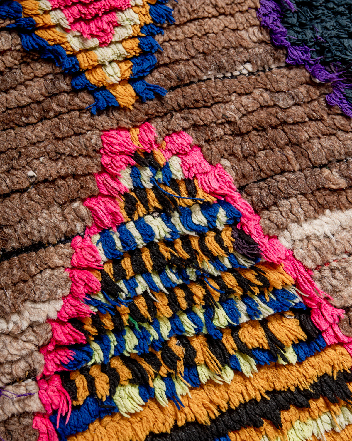 Modern, designer, handcrafted Berber rug from Morocco. Vintage carpet with beautiful colours and patterns and fluffy texture.